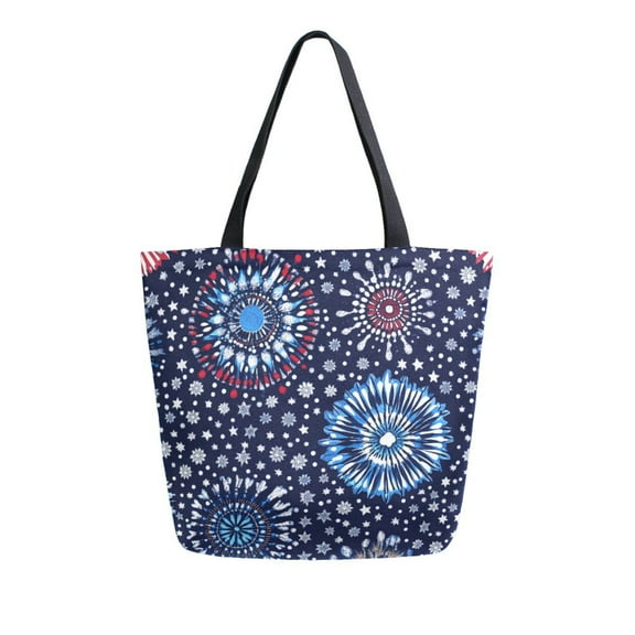 FORMRS Womens Canvas Tote Bag with Zipper Inner Pocket Shoulder Handbag, Blue Fireworks Pattern