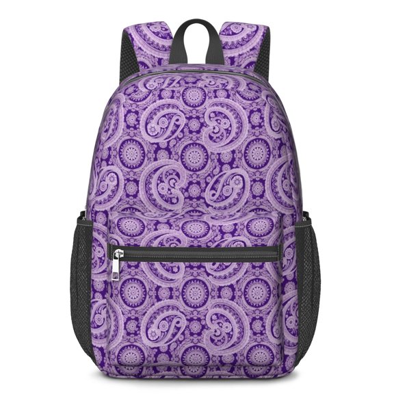Paisley and Damask Purple Pattern 17" Waterproof Oxford School Backpacks for Teens, S-Shape Padded Straps, for School, Travel, Hiking, Camping