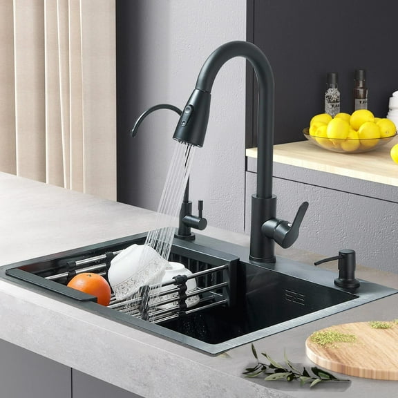 21.7 in Black Kitchen Sink Stainless Steel Single Bowl Sink with Pulldown Faucet Kitchen faucet