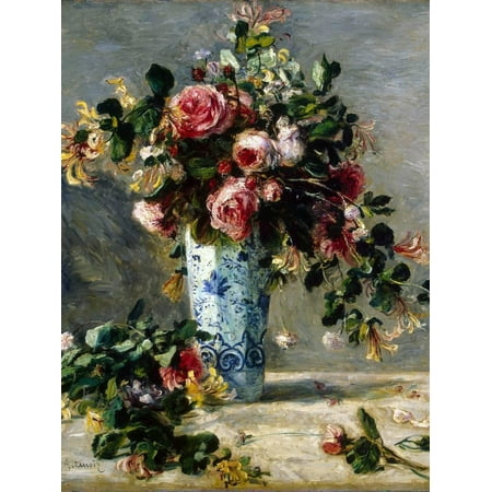 - Roses and Jasmine in a Delft Vase, 1880-1881 Floral Bouquet Flower Still life Print Wall Art By Pierre-Auguste Renoir