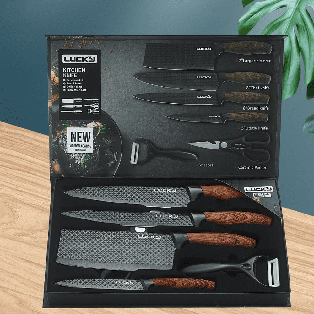 Chef Knife Set, DFITO 6Pcs Stainless Steel Kitchen Knife Set, Non-Stick Coating, Ultra Sharp, Dishwasher Safe