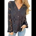 thumbnail image 1 of Blusa de Larga con Botones, Escote en V y Bordado con Recortes, Cárdigan de Media Calada Negro L, 1 of 7