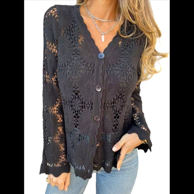 Blusa de Larga con Botones, Escote en V y Bordado con Recortes, Cárdigan de Media Calada Negro L