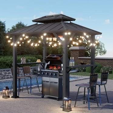 SOLUMIA 8'x6' Grill Gazebo with Double Roof, Aluminum Frame, Side Shelves, Galvanized Steel, for Patio, Backyard, Black