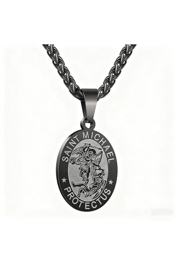 Sterling Silver Saint Michael Oval Pendant Necklace for Men, Engraved Archangel St Michael Protect Us Medal Cuban Chain Religious Faith Amulet Jewelry Gift for Him Birthday Anniversary