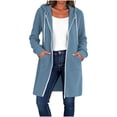 thumbnail image 3 of Women Long Vertical Ribbed Knit Hooded Sevevn Cardigan Full Zip Drawstring Dual Side Pockets Long Sleeve Casual Outer Coat For Spring Fall, 3 of 8