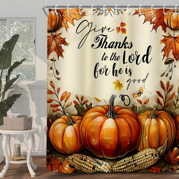 Fall Shower Curtain, Autumn Pumpkin Shower Curtain Set , Harvest Farmhouse Thanksgiving Maple leaves Halloween Fabric Shower Curtains for Bathroom with Hooks