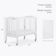 Dream On Me 2-in-1 Folding Portable Mini Crib in White, Mattress Pad Included, Easy to Fold and Store Baby Crib, Two Adjustable Mattress Height positions Convertible Crib