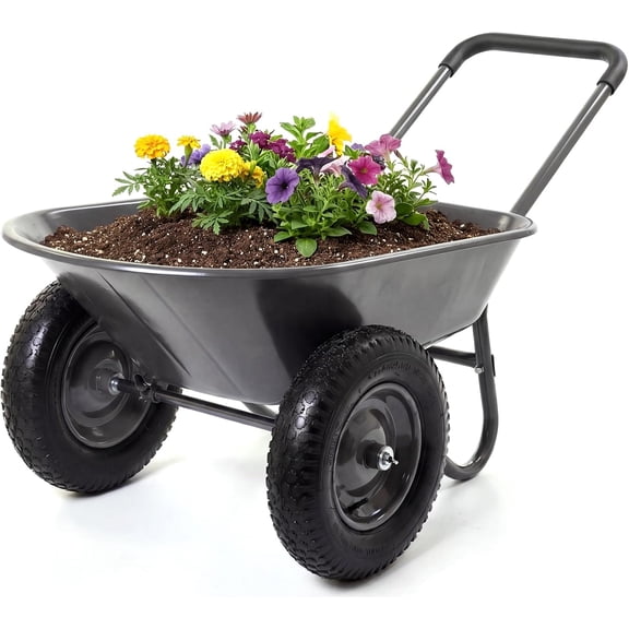 Heavy Duty Wheelbarrow Garden Cart with Dual Wheels and Built-In Stand 600 lbs Capacity Utility Cart for Yard Garden and Outdoor Use - 4 Cubic Feet Cargo Space Gray