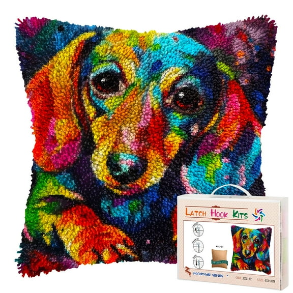 Colorful Cute Dachshund Dog DIY Latch Hook Pillow Kits for Adults Printed Pillowcase Crochet Yarns Hooking Handmade Pillow Cover Cushion for Home Sofa Decoration 17x17inch(1)