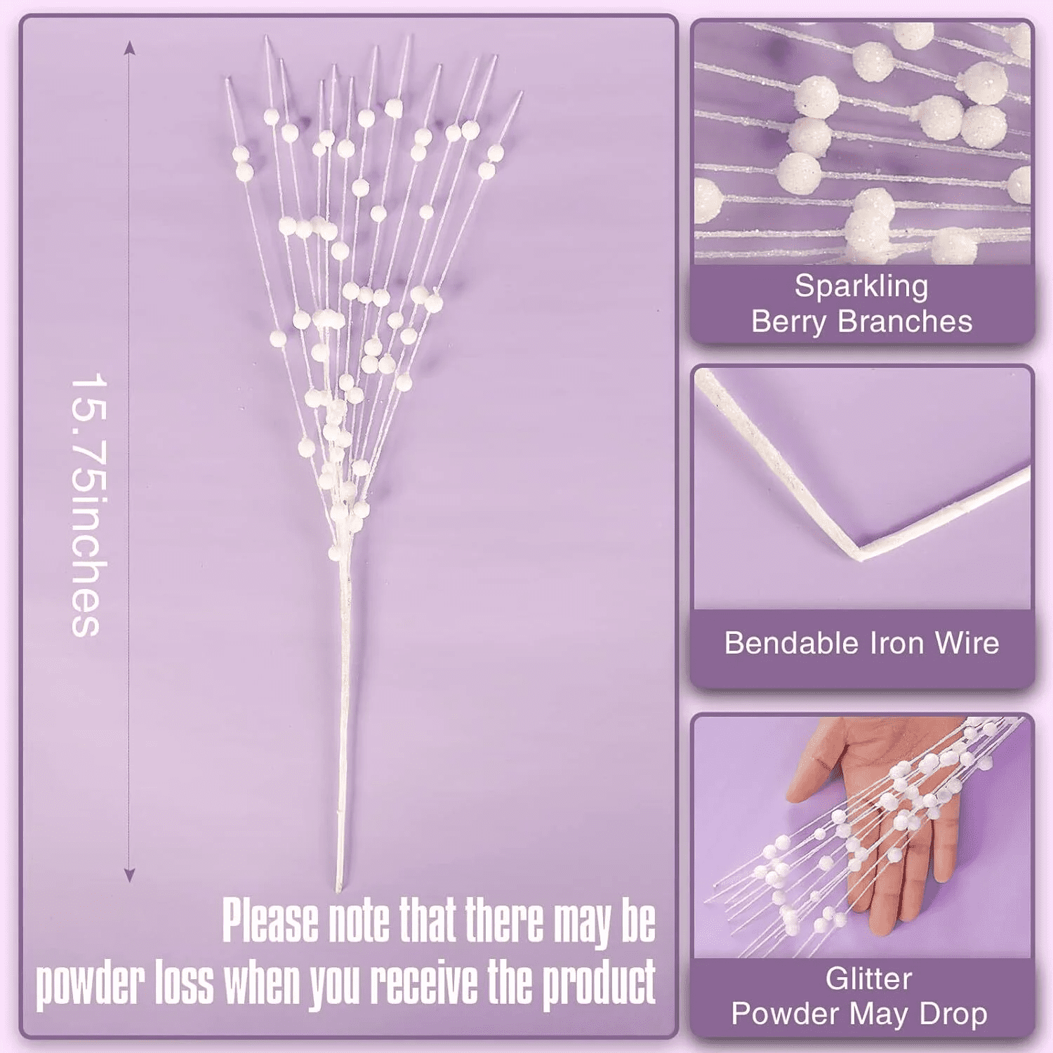 30 Pack Christmas Tree Berry Stem, Decorative Bead Sticks, Glittery Twigs, Picks, Branches for Christmas Tree, Small Vase, Holiday, Wedding, Party (17 Inches, Purple)
