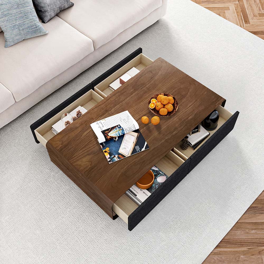 POVISON Modern Rectangular Coffee Table, Wood Coffee Table with Storage, 4 Solid Wood Drawers, Fully-Assembled, 51", Walnut Black