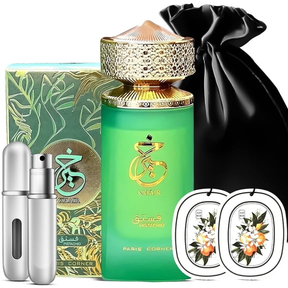 Aromaque Paris Corner Pistachio Khair Perfume Bundle, 3.4 oz EDP Spray with Refillable Bottle, Scent Cards & Satin Gift Bag, Unisex