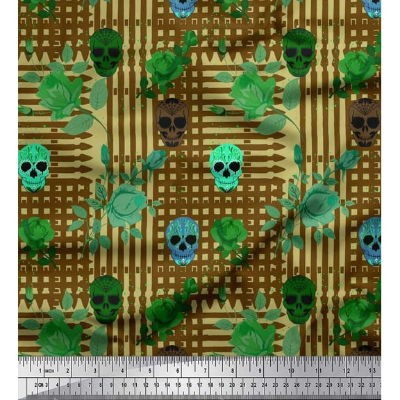 Soimoi Cotton Duck Fabric Leaves,Rose & Skull Halloween Print Fabric by Yard 42 Inch Wide