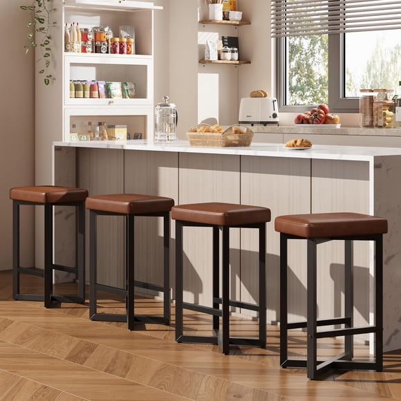 Ourlova Bar Stools Set of 4 24.6 inch Counter Height Backless Barstools Upholstered PU Leather Seats with Metal X-Frame Footrest Modern Kitchen Stools for Home Bar Dining Room Brown