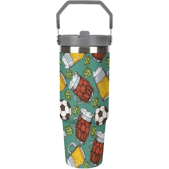 30 Oz Insulated Tumblers with Flip Straw Lid Top Handle Beer Glass Mug Leakproof Reusable Vacuum Stainless Steel Travel Coffee Mug for Car Soccer Ball