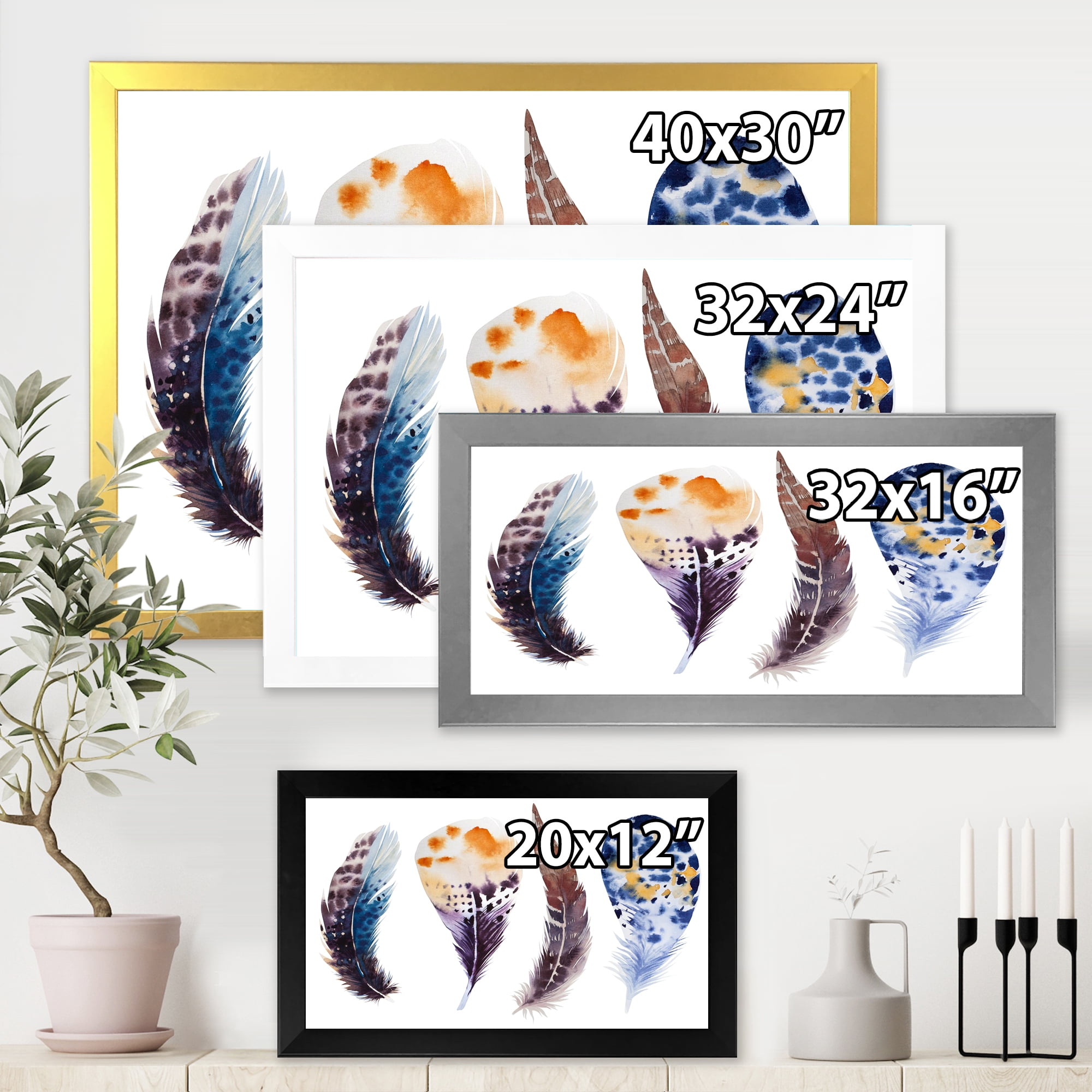 Designart 'Colourful Boho Feather Set On White VIII' Bohemian & Eclectic Framed Art Print