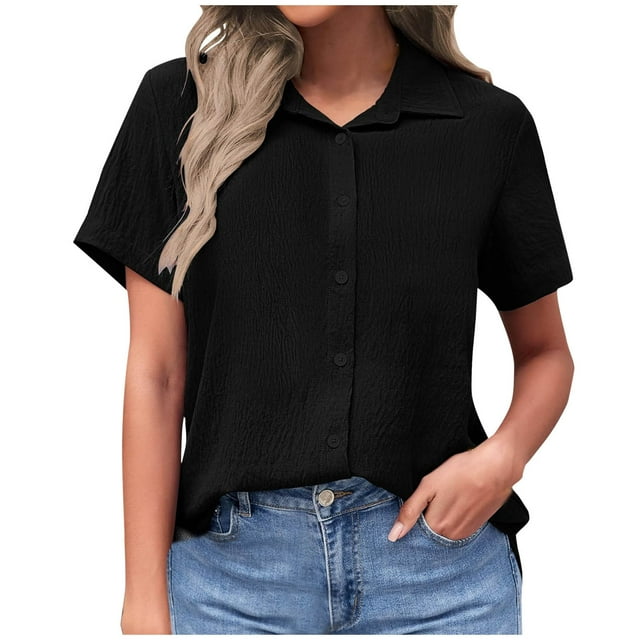 Tumotour Cotton And Linen For Womens Short Sleeve Button Down Shirts Summer Casual Collared V Neck Blouse Linen Loose Work Tops