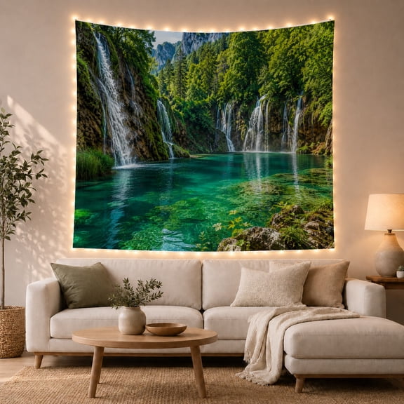 Forest Waterfalls Across an Emerald Lagoon, Peaceful Digital Art for Nature Lovers, Landscape Decor, Housewarming Gift, Tapestry Wall Hanging for Bedroom and Living Room