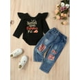 thumbnail image 3 of GXFC Little Girls Halloween Two Piece Outfits Kids Girls Long Sleeve Letter Print Romper Sweatshirt+Ripped Jeans Set Children Girls Halloween Day Fall Clothes 2Pcs 1-6T, 3 of 9