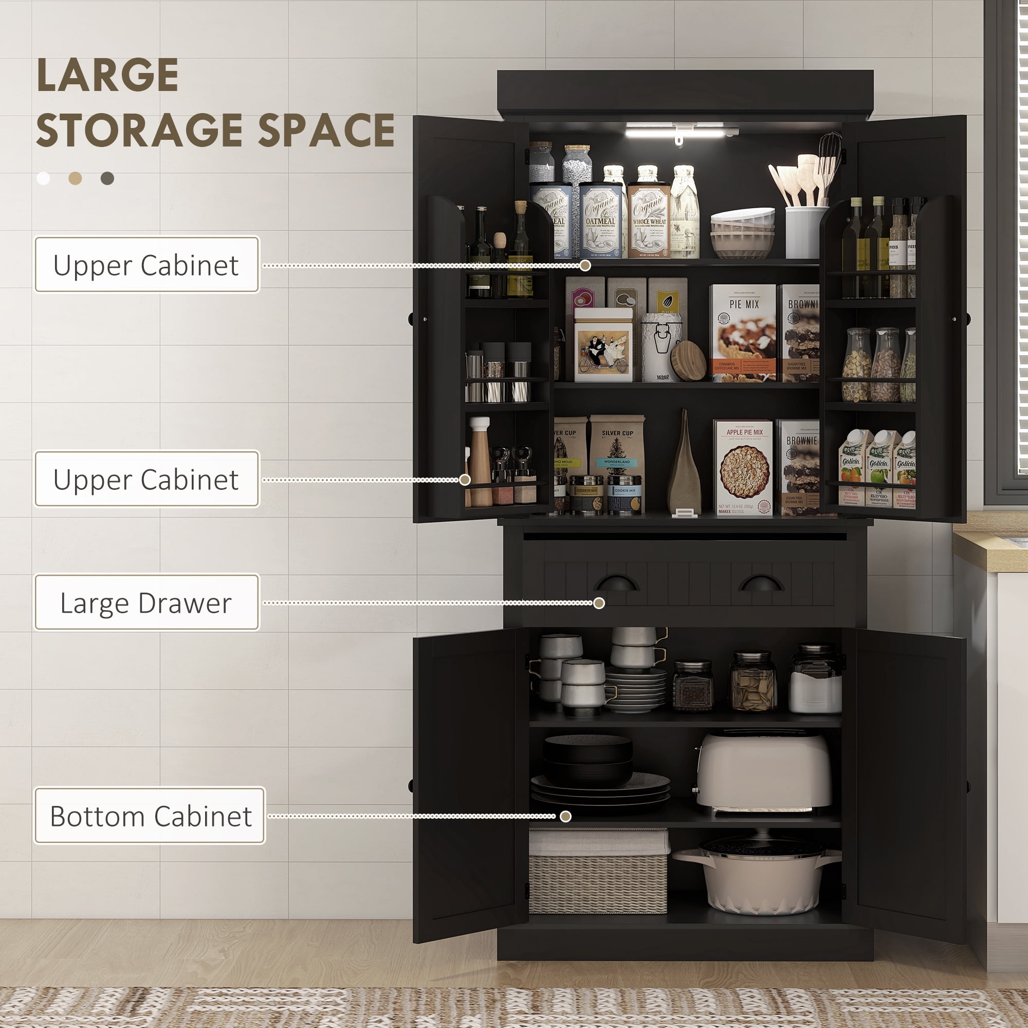 HOMCOM 71" LED Kitchen Pantry Cabinet, Tall Storage Cabinet with 6 Door Shelves, a Drawer and 4 Adjustable Shelves, Black