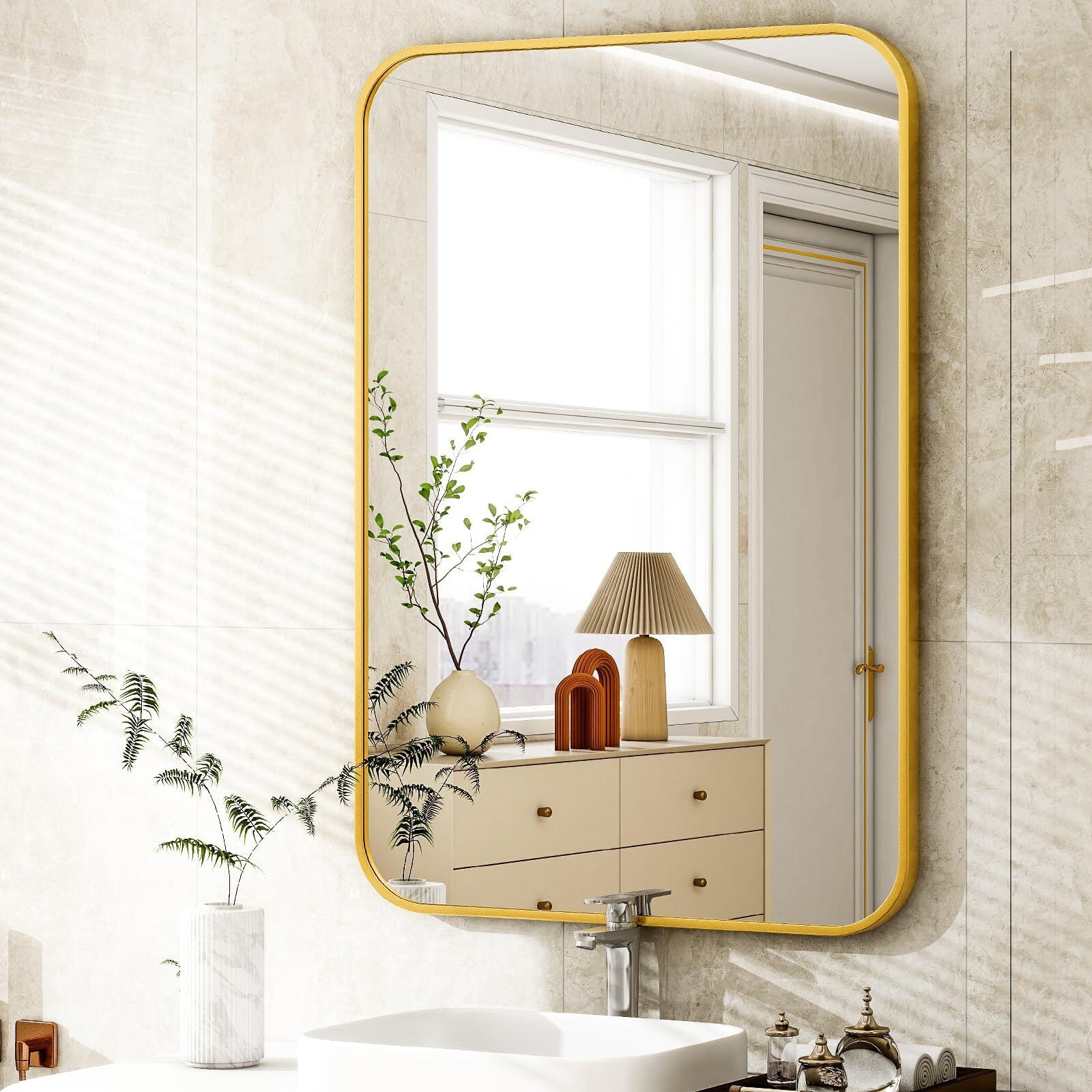 Lumora Bathroom Mirror, 38"x 26.2" Inch Metal Framed Rectangle Mirror, Wall Mounted Vanity Mirror Gold