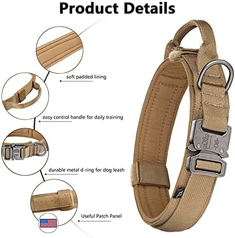 Tactical Dog Collar, Adjustable Military Training Nylon Dog Collar with Control Handle and Heavy Metal Buckle for Medium and Large Dogs, with Patches and Airtags Case (S, Brown)