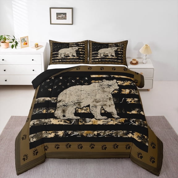 Erosebridal Wildlife Animal Bear Bedding Sets King with Comforter,American Flag Duvet Insert,Black Brown Comforter Sets King Size,Ultra Soft Bedroom Decorative Reversible,3 Pieces