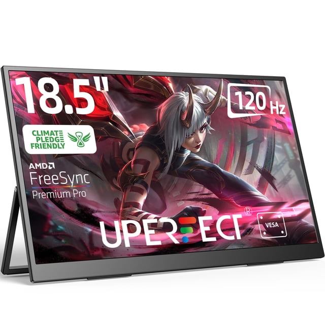 Monitor portátil UPERFECT de 18,5 pulgadas, 120 HZ, 100% sRGB 1080P con VESA y soporte, pantalla para juegos FHD FreeSync IPS HDR ajustable, ultradelgada y liviana de 180 °, segundo monitor de viaje p