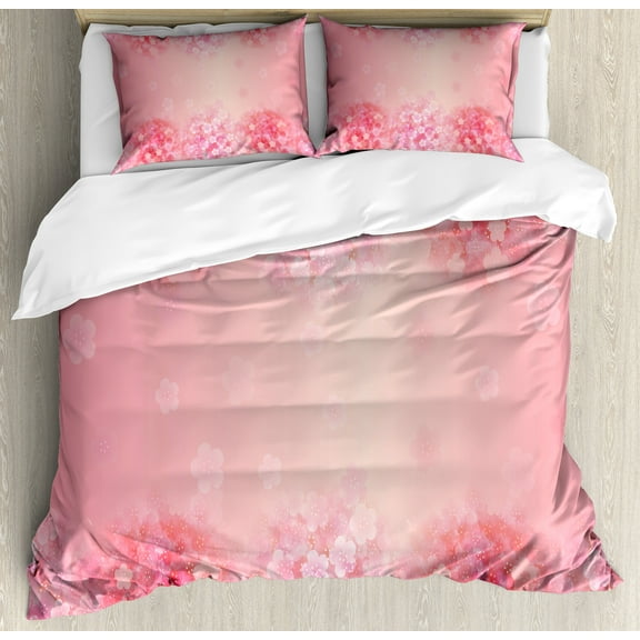 Pale Pink Duvet Cover Set, Plum Blossom Botany Beauty Natural Art Spring Flowers Seasonal Background Print, Decorative 3 Piece Bedding Set with 2 Pillow Shams, King Size, Coral Ruby, by Ambesonne