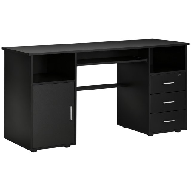 57" Black Computer Desk with Drawers & Shelves - Home Office Writing Workstation with Keyboard Tray & Lockable Storage - Study, Living Room & Bedroom Desk