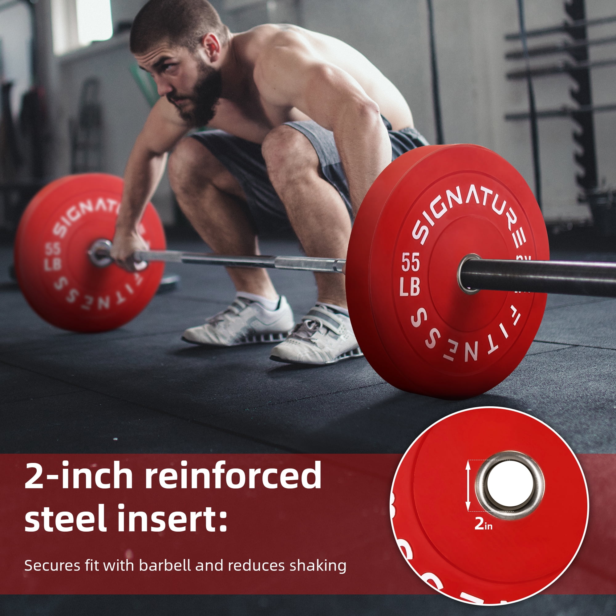 Signature Fitness Olympic Bumper Plate, 55LB, 2-Inch Weight Plate，for Strength Training & Weightlifting, Single