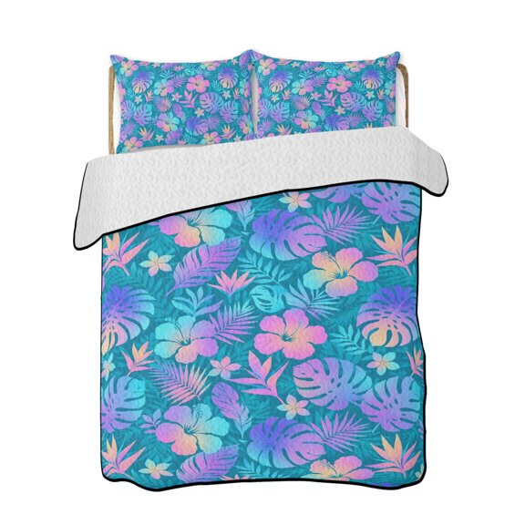 Twin XL Quilt Bedding Set, Blue Tropical Plants Reversible Summer Quilt 3 Pieces, Rustic Palm Leaves Jungle Flowers Lightweight Bedspreads Coverlets with 2 Pillow Shams for All Seasons