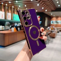 Magnetic Case for Samsung Galaxy S23 Ultra Compatible with MagSafe, Luxury Cute Plating Love Heart Side Edge Small Love Pattern for Women Girls Soft TPU with Camera Lens Protection Case, Darkpurple