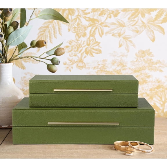 Faux Leather Decorative Boxes Set of 2, Large Nesting Keepsake Box Accessory Organizer Jewelry Organizer with Hinged Lid, Stacking Storage Box Container for Home or Office (Green)