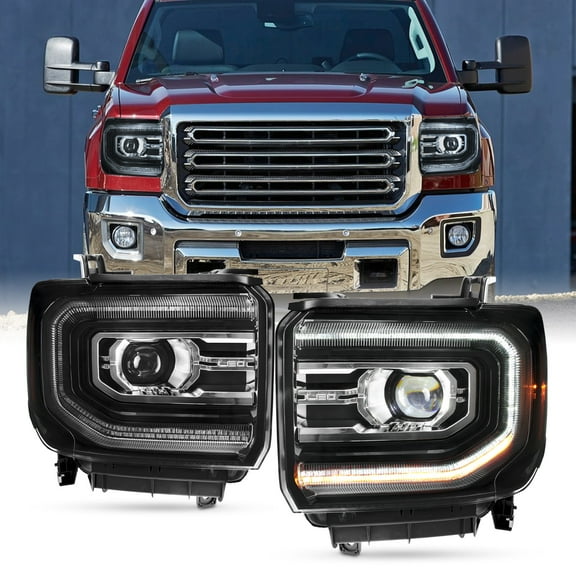 AKKON - Fits 2014-2015 GMC Sierra 1500 15-19 2500HD 3500HD [FULL LED Facelift Style] Projector Black Headlights Pair