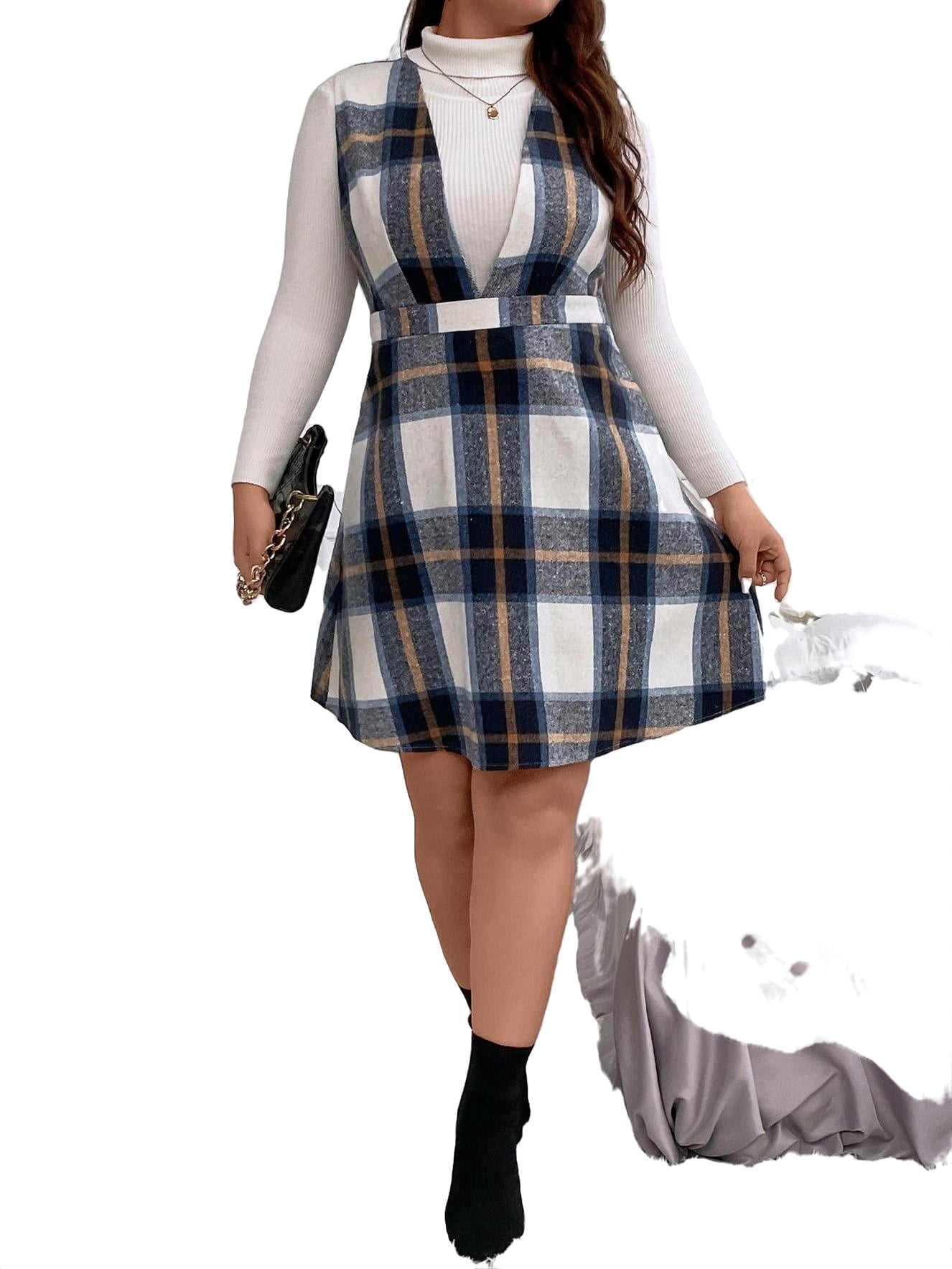 Casual Plaid Print Deep V Neck Pinafore Sleeveless Multicolor Plus Size  Dresses (Women's) - Walmart.com