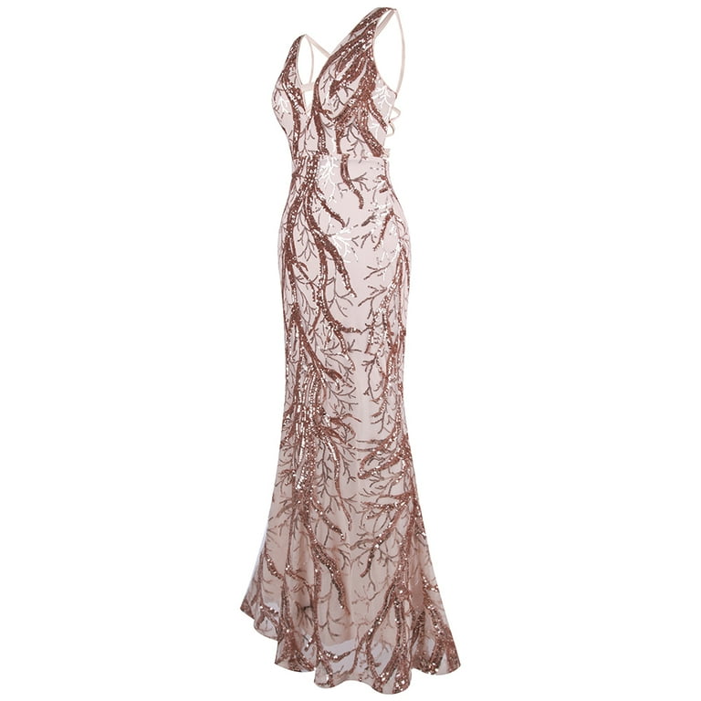 Angel-fashions Women's Sequin Pattern Long Evening Party Dress Elegant  Lace-up Backless Plunging Neck Mermaid Wedding Gown Champagne XX-Large  981CE - Walmart.com