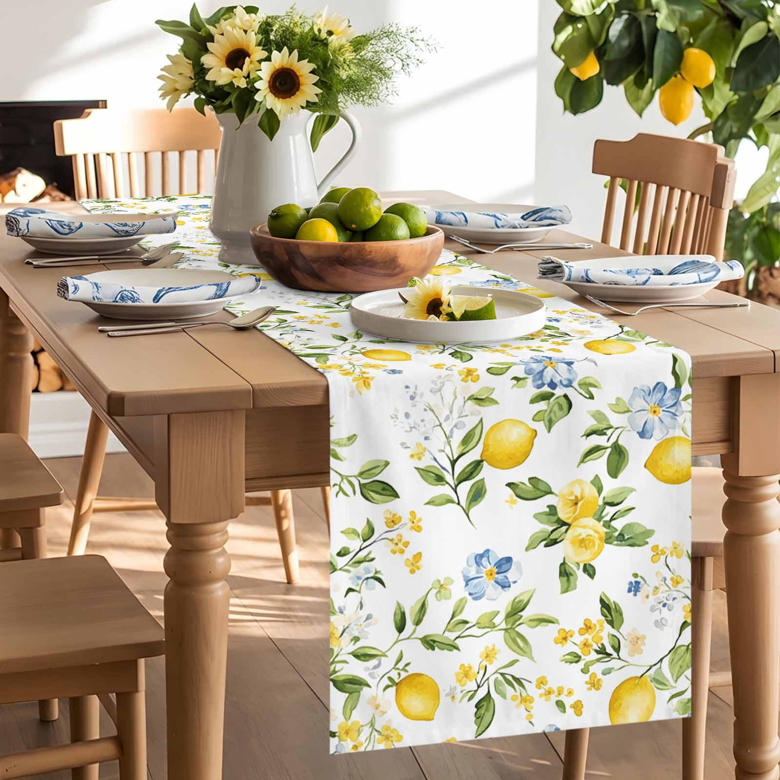 Summer Lemon Green Leaves Table Runner 90 Inches Long, Blue Flower on White Table Runners Tabletop Scarf Kitchen Dining Tables Decoration for Home Party Indoor Outdoor