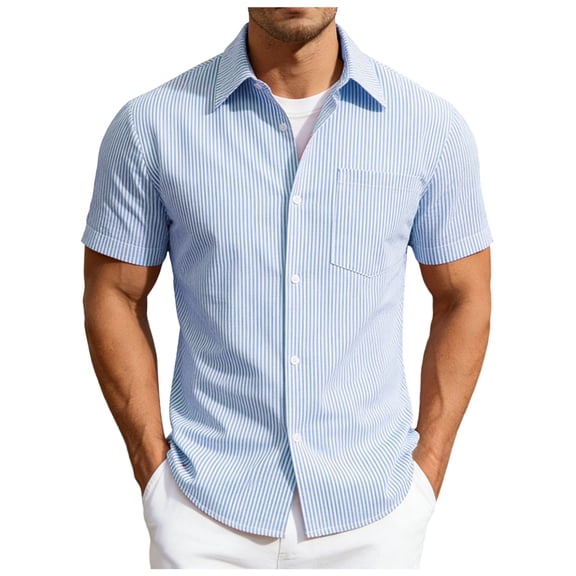 RFQWOVSR Men's Striped Short Sleeve Button Down Linen Shirts Casual Summer Beach Tops M