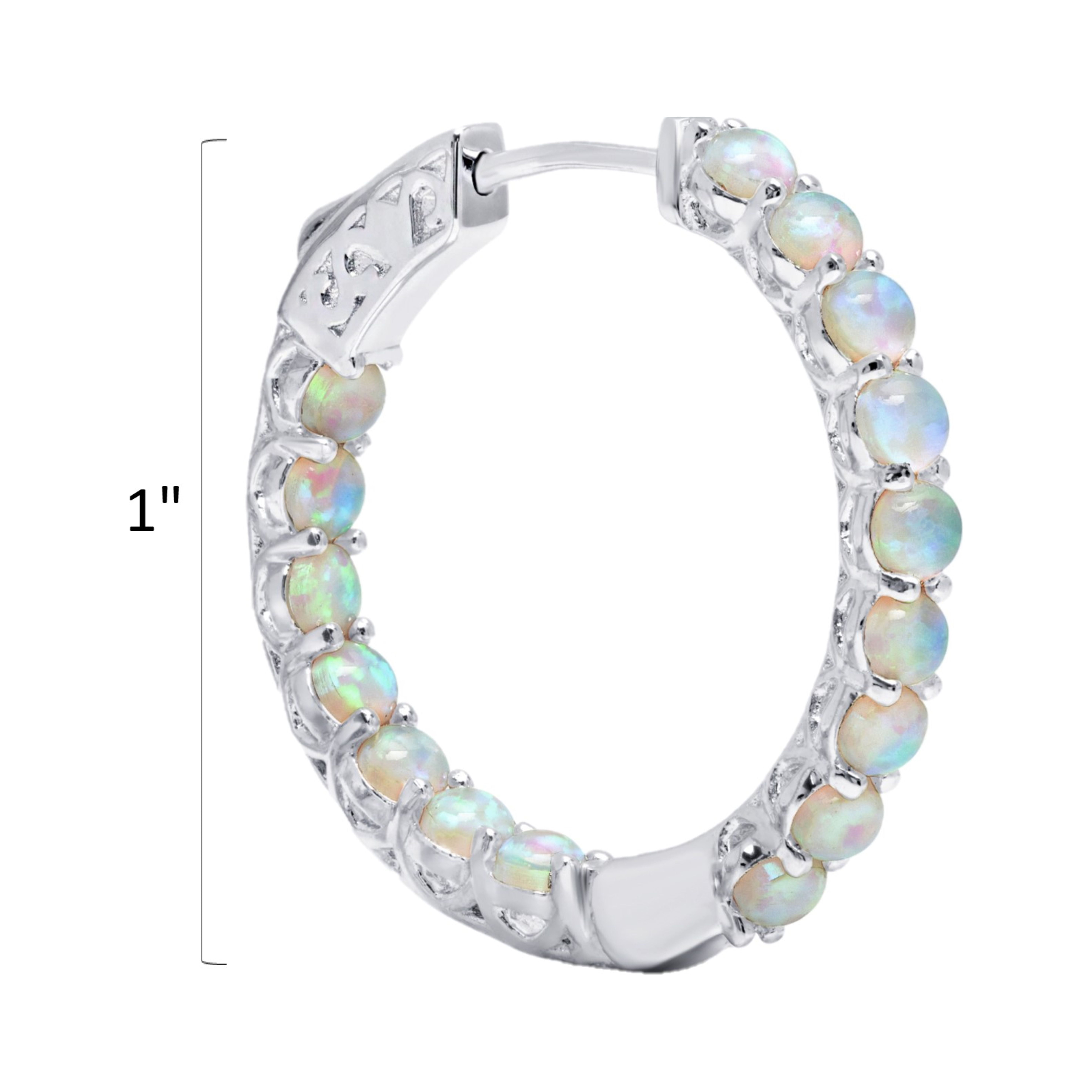 Created Opal Inside Out Hoop Earrings for Women in 925 Sterling Silver 1 Inch Diameter and 3mm October Birthstone with Notched Post with Lock by MAX + STONE