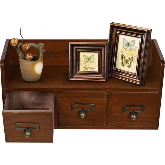 3 Drawers Desktop Organizing Cabinet Vintage Drawers for Desk Wooden Storage Cabinets Vintage Countertop Drawers with Glass Doors
