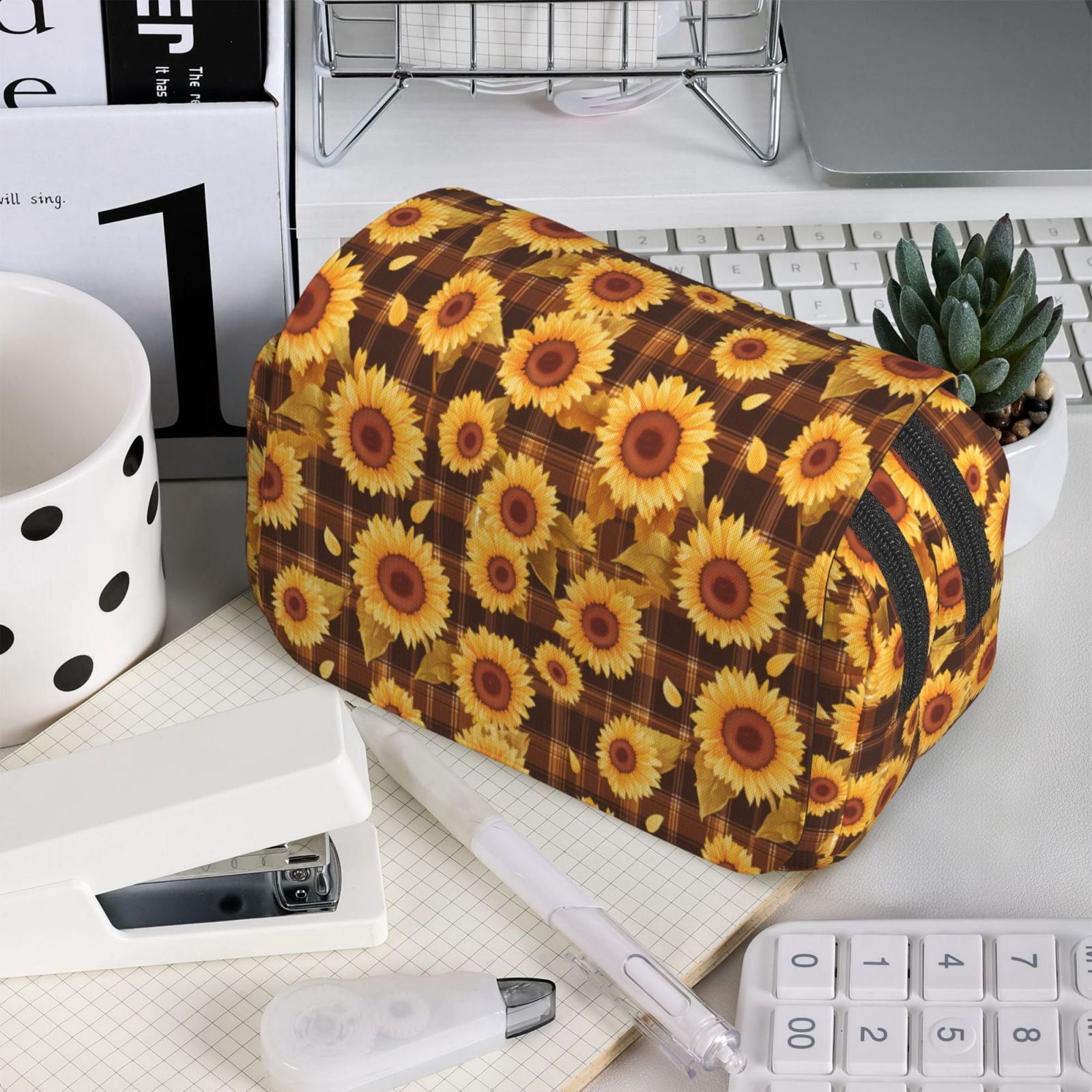 Rateoe Vintage Brown Plaid Sunflower Pattern Double Clamshell Pen Case, Storage Organizer with Two Zipper Compartments– Holds Up to 50 Pencils & Pens