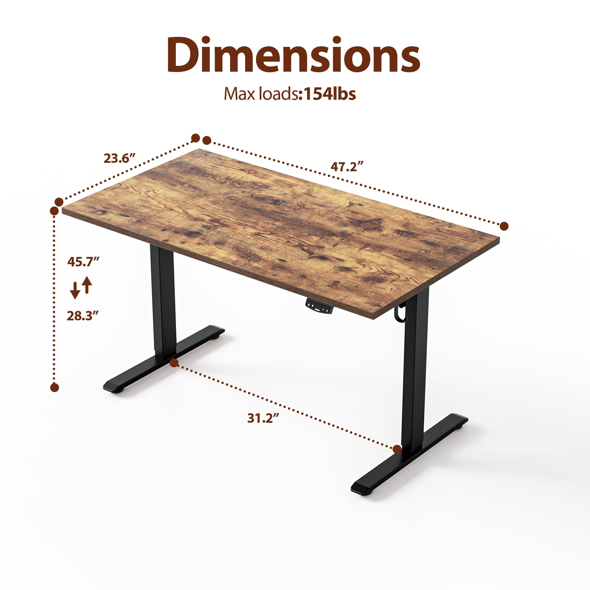 47.2 Inch Electric Height Adjustable Standing Desk, Ergonomic Home Office Desk with Memory Preset, Sit to Stand Computer Desk with Hooks, Rustic Brown