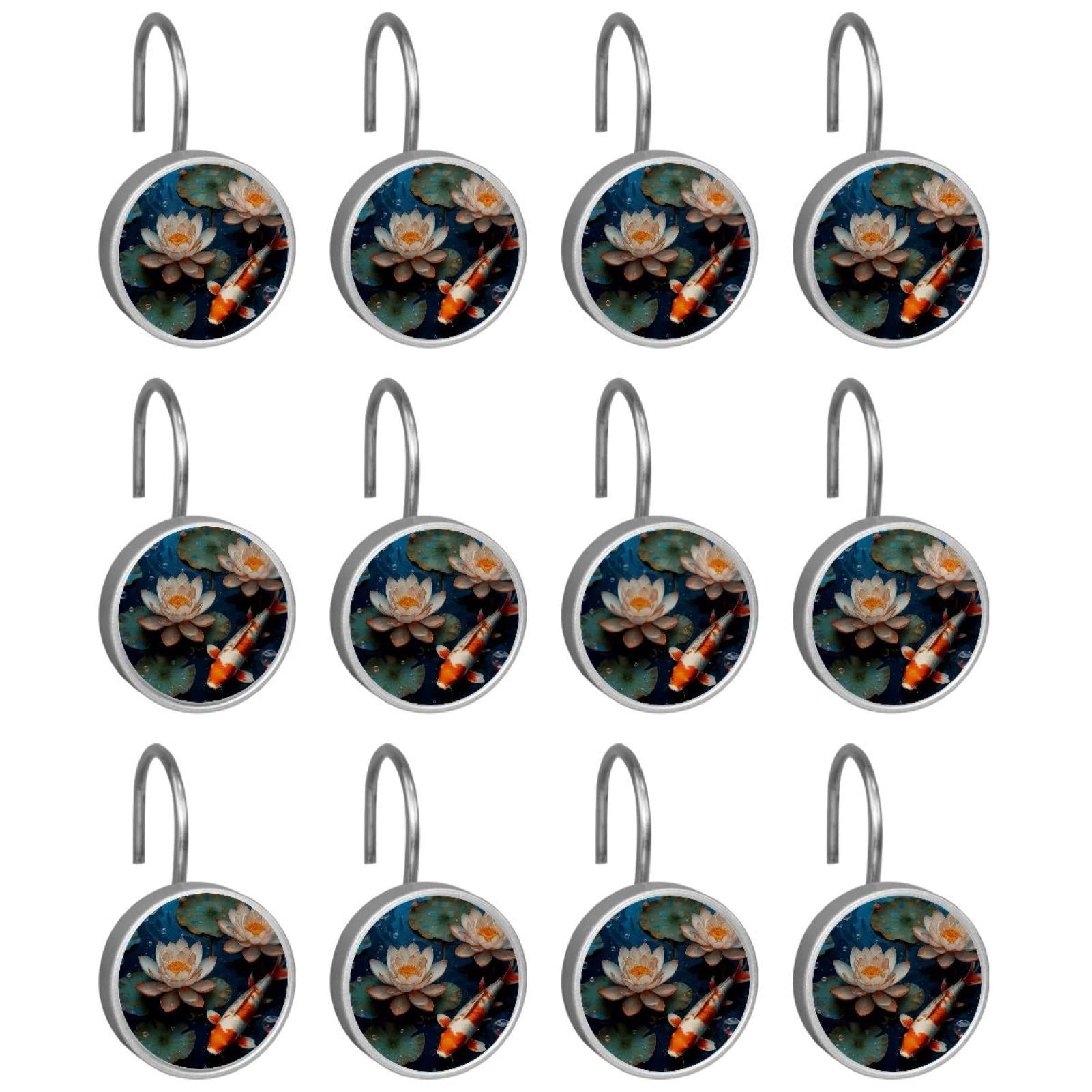 Imobaby 12 Pcs Metal Shower Curtain Hooks Rust Proof for Shower Curtain Liner - Lotus Pond Bubble Goldfish