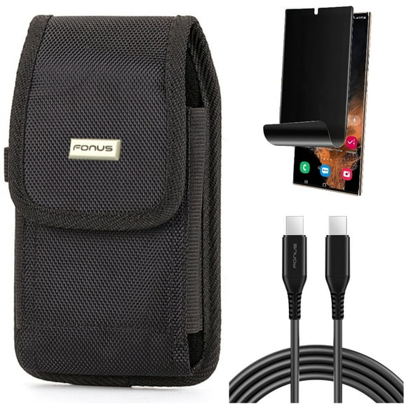 Case Belt Clip & Privacy Screen Protector & 10ft Long USB-C Cable for Samsung Galaxy S22 Ultra (6.8") - Combo Rugged Holster Canvas & TPU Film (Fingerprint) Anti-Peep & PD Fast Charger Cord Power