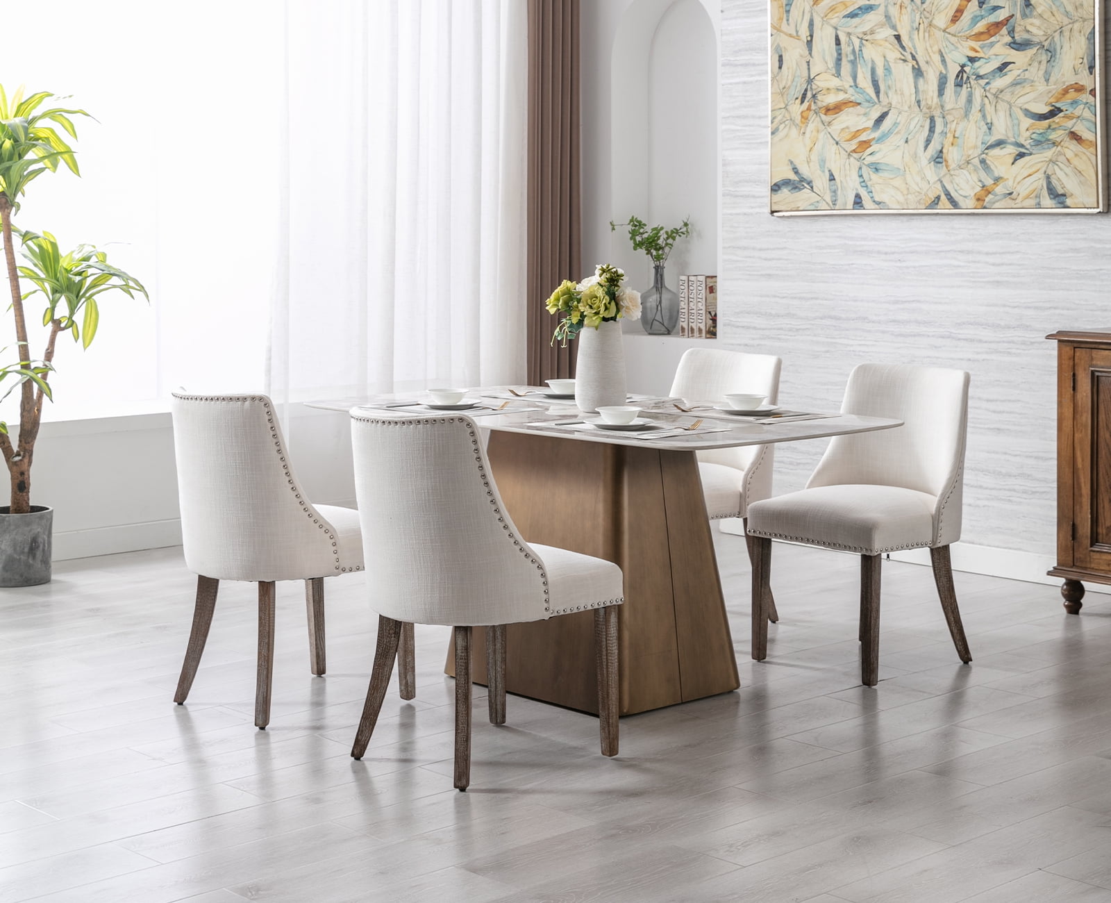 Guyou Dining Chairs Set of 2, Mid Century Modern Linen Upholstered Farmhouse Side Chairs with Nailhead and High Back for Kitchen Restaurant, Cream