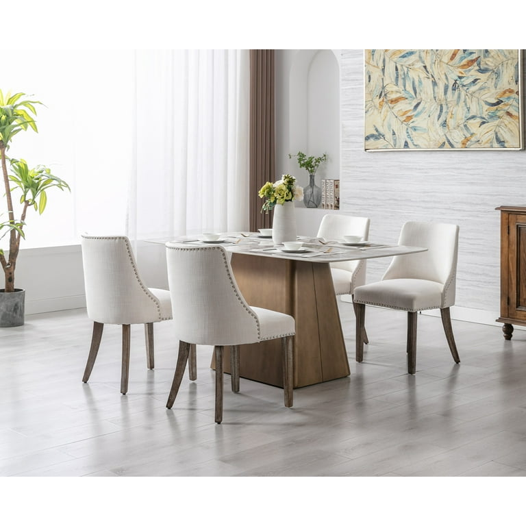 Guyou Dining Chairs Set of 2 Mid Century Modern Linen Upholstered Farmhouse Side Chairs with Nailhead and High Back for Kitchen Restaurant Cream