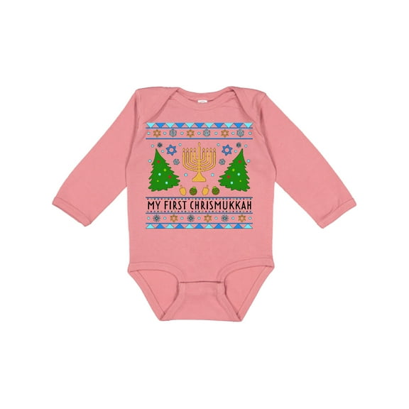 Inktastic My 1st Chrismukkah Sweater Style with Menorah and Trees Boys or Girls Long Sleeve Baby Bodysuit