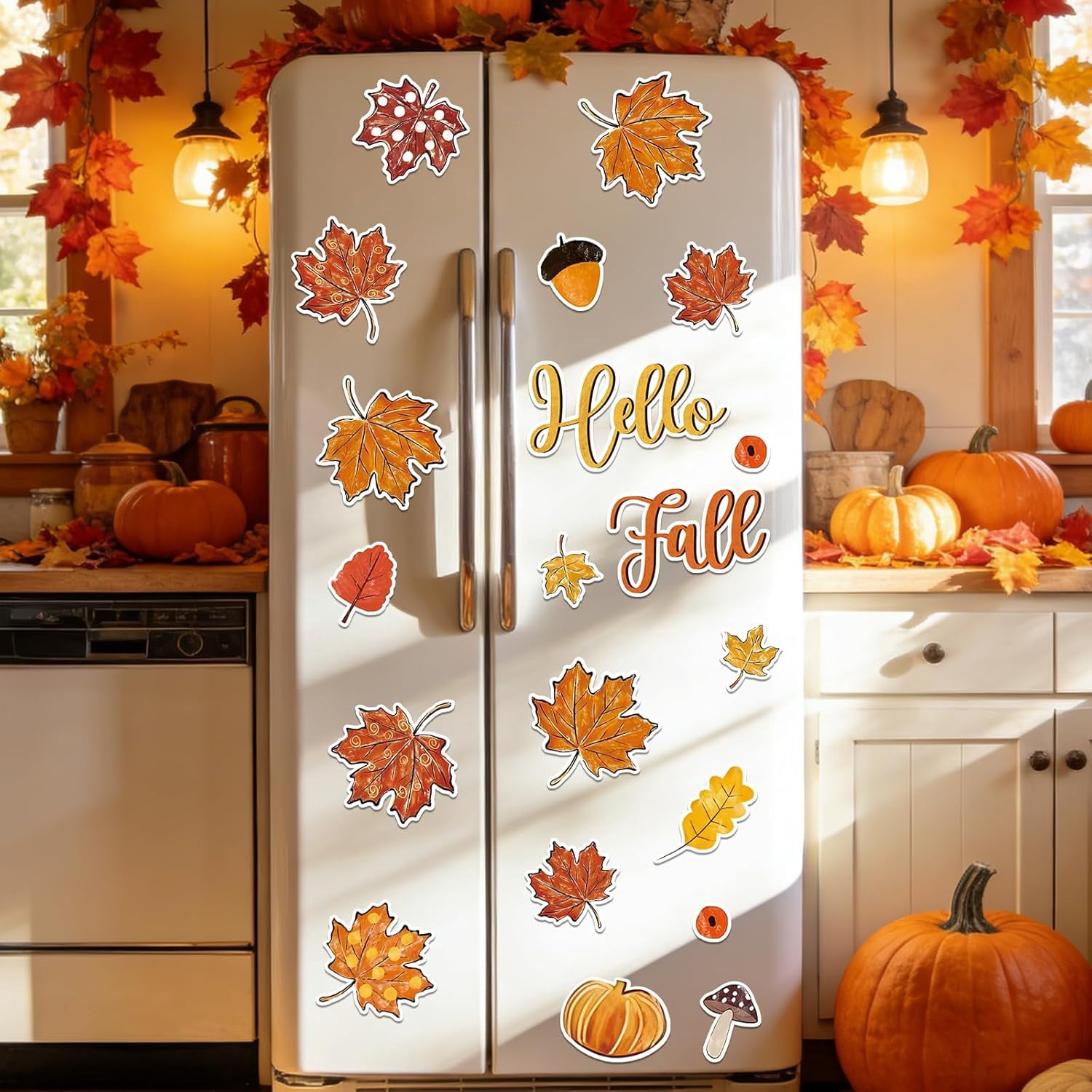 GBBG 24 Pcs Fall Leaves Garage Magnets Decoration Maple Leaf Pumpkin Garage Door Decals Hello Autumn Magnetic Refrigerator Stickers for Thanksgiving Harvest Party Home